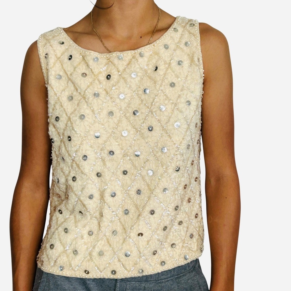 Vintage Beaded Sequin Wool‎ Tank Top Womens Small 60s NYE Glam Holiday Party Mod